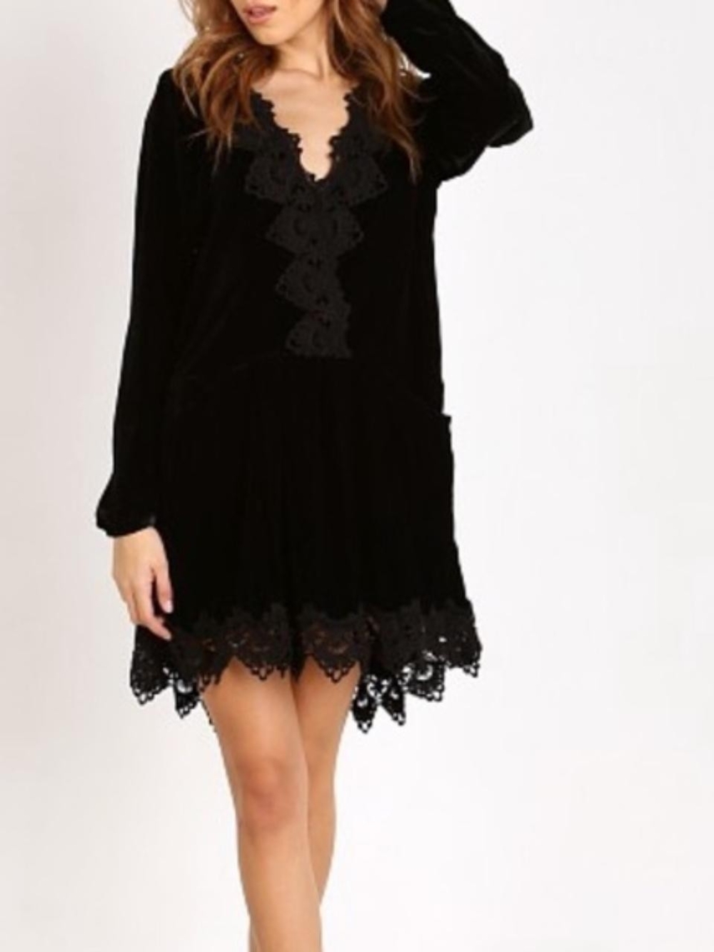 Free People "Premier Velvet Dreams" Lace Crochet Pocket Tunic Dress
